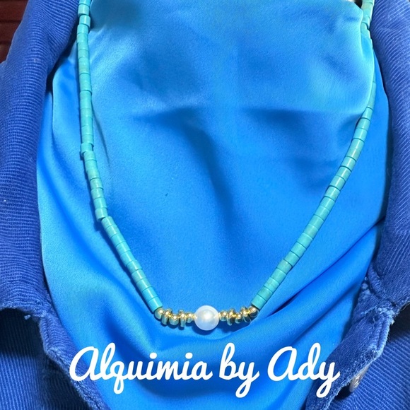 TURQUOISE AND WHITE PEARL CHOKER NECKLACE - Picture 1 of 1